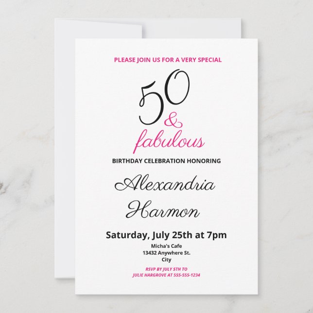 Invitation 50 ans et Fabuleux Anniversaire 50 ans Fête Rose (Devant)