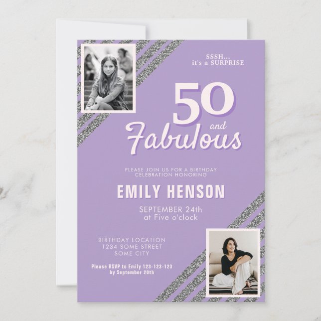 Invitation 50 ans et Fabuleux Anniversaire Argent Paillettes  (Devant)