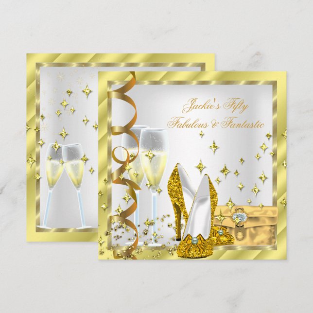 Invitation 50 ans et Fabuleux Anniversaire Blanc Jaune Or (Devant / Derrière)