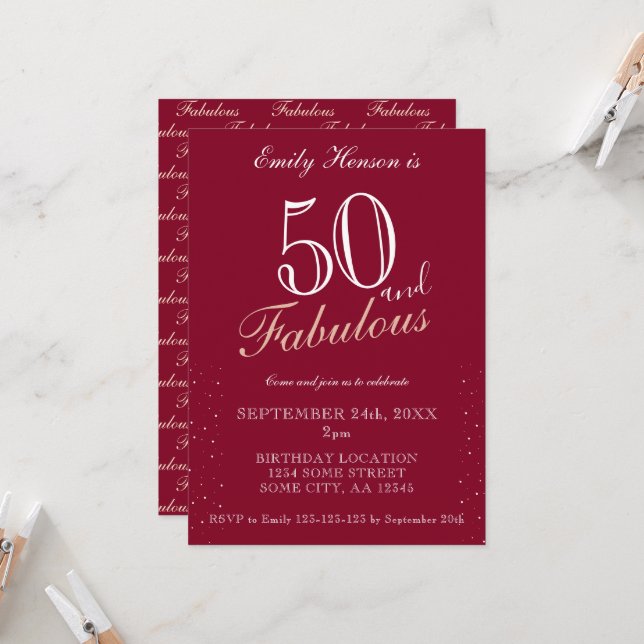 Invitation 50 ans et Fabuleux Anniversaire en écriture élégan (Devant/Arrière en situation)