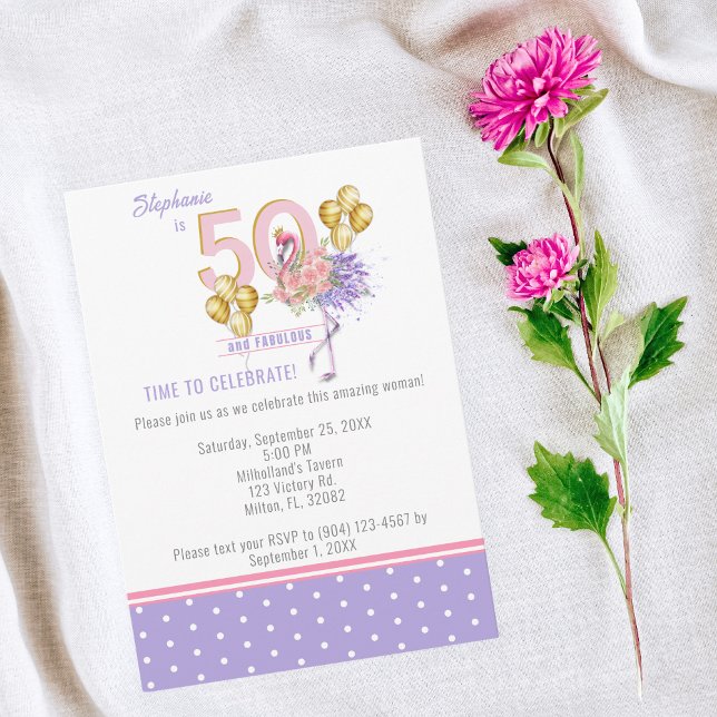 Invitation 50 ans et Fabuleux Anniversaire Fleur de Flamant R (Créateur téléchargé)
