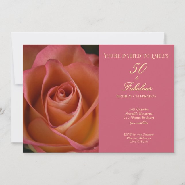 Invitation 50 ans et Fabuleux Anniversaire Fleur Rose Rose (Devant)