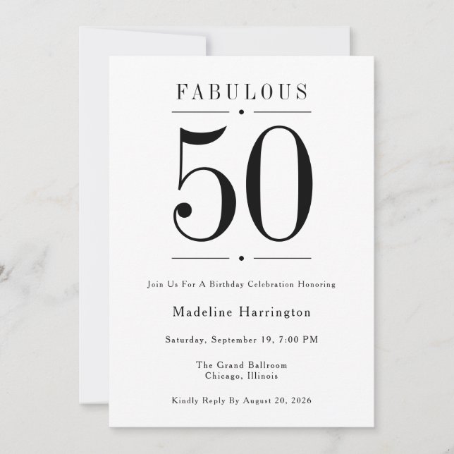 Invitation 50 ans et Fabuleux Anniversaire Moderne Noir et Bl (Devant)
