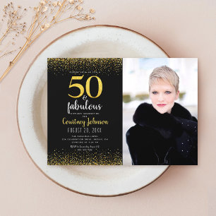 Invitation 50 ans et fabuleux anniversaire noir or paillettes