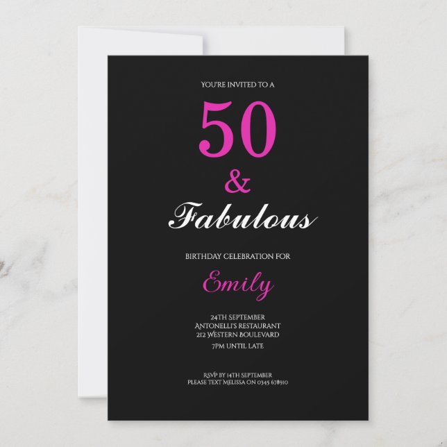 Invitation 50 ans et Fabuleux Anniversaire Rose Noir (Devant)