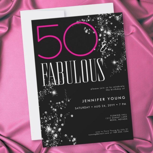 Invitation 50 ans et Fabuleux Anniversaire Rose Noir Paillett (50 and Fabulous Black Pink Glam Sparkle Birthday Invitation)