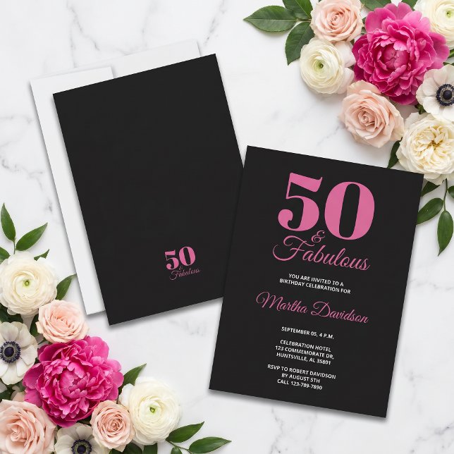 Invitation 50 ans et fabuleux Célébration rose noir Glamour (50 & Fabulous Black Pink Glam Celebration Invitation)