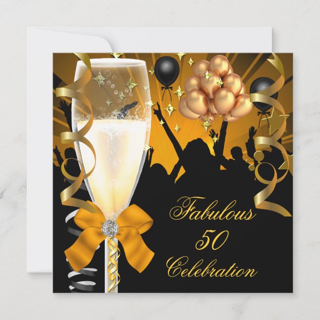 Invitation 50 ans et fabuleux Champagne d'anniversaire or et  (Devant)