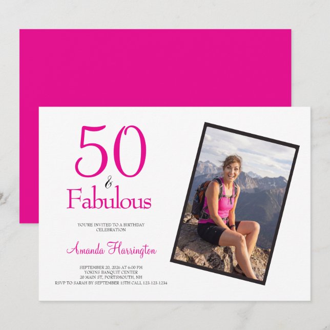 Invitation 50 ans et Fabuleux Fête d'anniversaire 50 ans rose (Devant / Derrière)