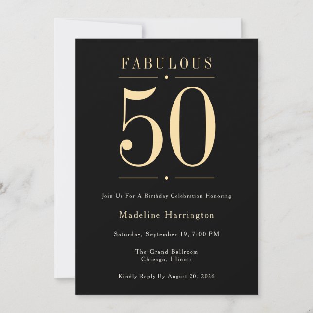 Invitation 50 ans et Fabuleux Fête d'anniversaire Black Gold (Devant)