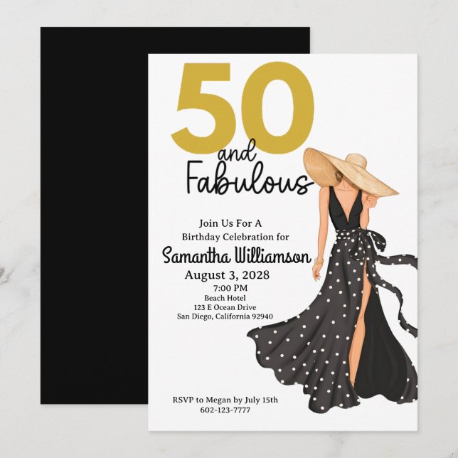 Invitation 50 ans et Fabuleux Fête d'anniversaire Noir et Or (Devant / Derrière)