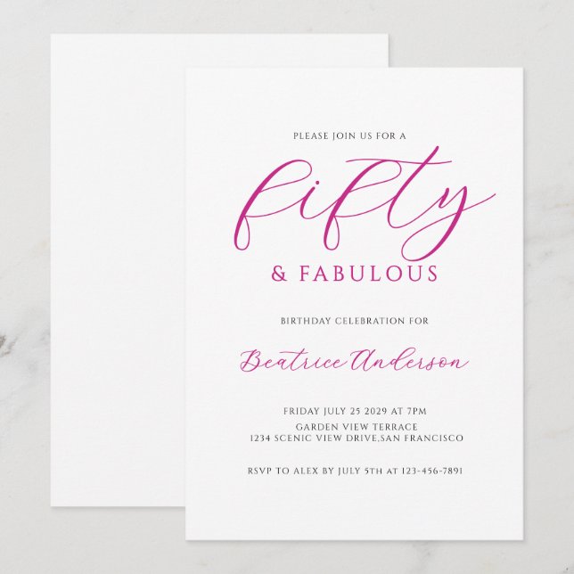 Invitation 50 ans et Fabuleux Fête d'anniversaire Rose Blanc (Devant / Derrière)
