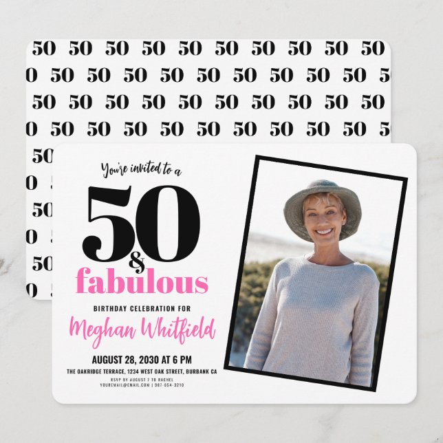 Invitation 50 ans et Fabuleux Fête d'anniversaire rose pour 5 (Devant / Derrière)