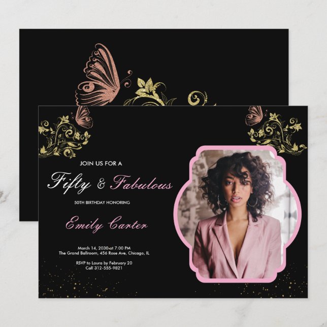 Invitation 50 ans et Fabuleux Fête d'anniversaire rose pour 5 (Devant / Derrière)
