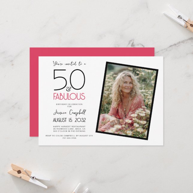 Invitation 50 ans et Fabuleux Fête d'anniversaire rose pour 5 (Devant/Arrière en situation)