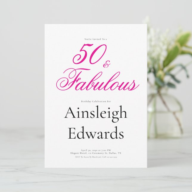 Invitation 50 ans et fabuleux Fête d'anniversaire rose pour c (Debout devant)