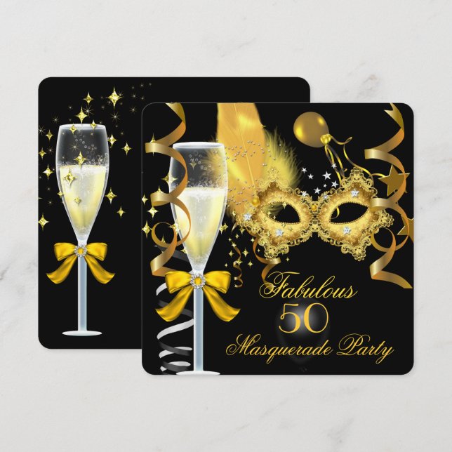 Invitation 50 ans et Fabuleux Fête de Mascarade Or Noir (Devant / Derrière)