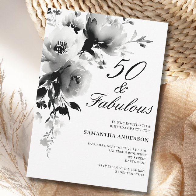 Invitation 50 ans et Fabuleux Fleurs Noir Blanc 50e Anniversa (Créateur téléchargé)