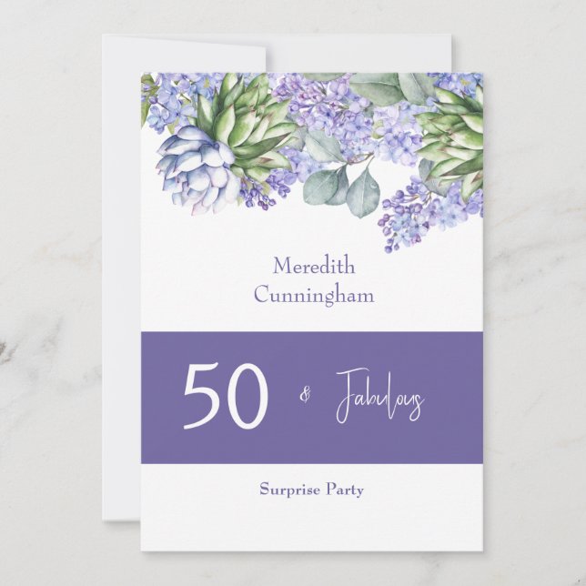 Invitation 50 ans et fabuleux Lilas violet aquarelle II (Devant)