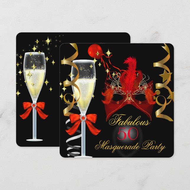 Invitation 50 ans et fabuleux Masquerade rouge or noir (Devant / Derrière)