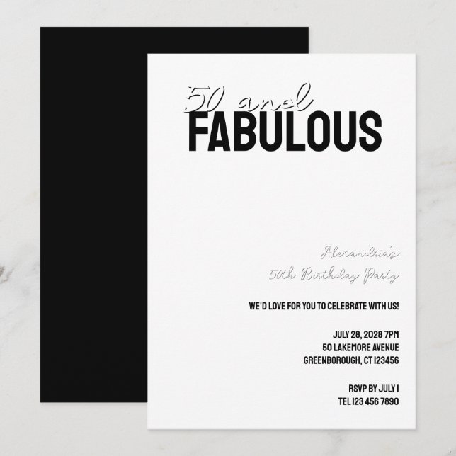 Invitation 50 ans et Fabuleux Minimal Fête d'anniversaire 50  (Devant / Derrière)