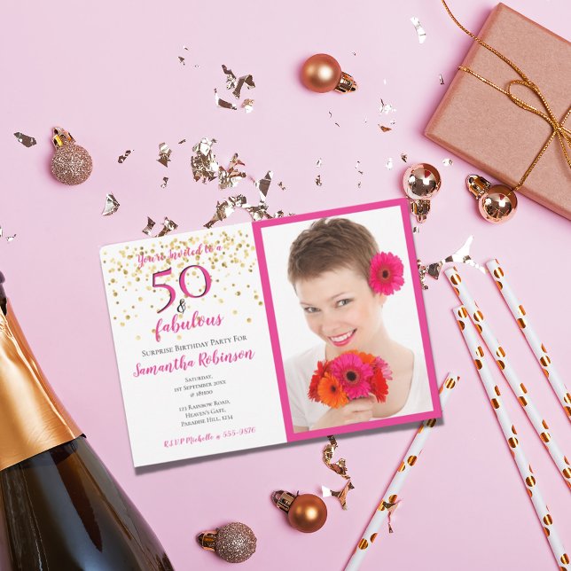 Invitation 50 ans et fabuleux Photo Rose Blanc Chevron Points (Créateur téléchargé)