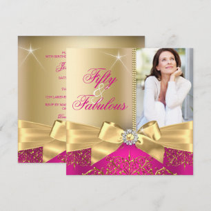 Invitation 50 ans et Fabuleux Photo Ruban Doré Rose 50ème Ann