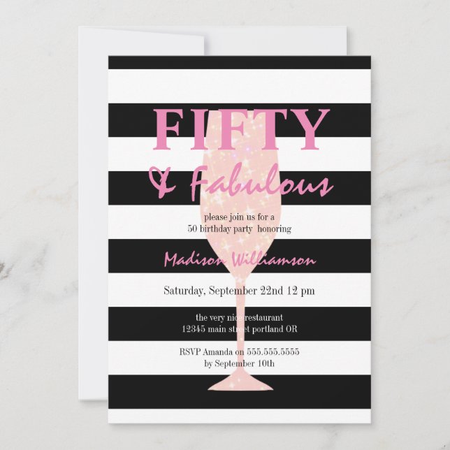 Invitation 50 ans et Fabuleux  Rayure Noir Blanc Champagne Ro (Devant)