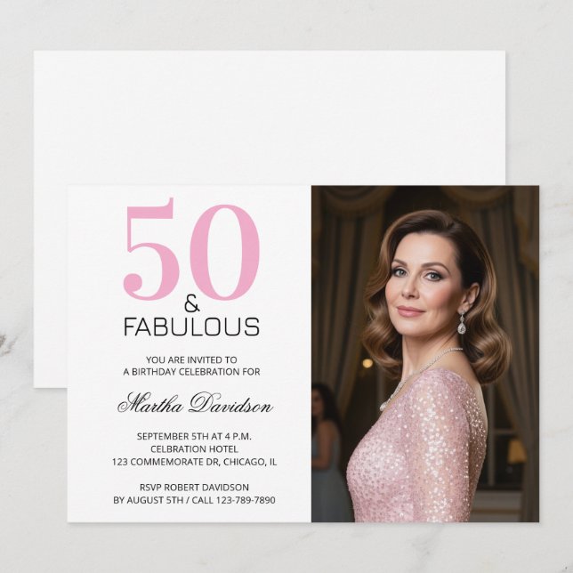 Invitation 50 ans et Fabuleux Rose 50e Anniversaire (Devant / Derrière)