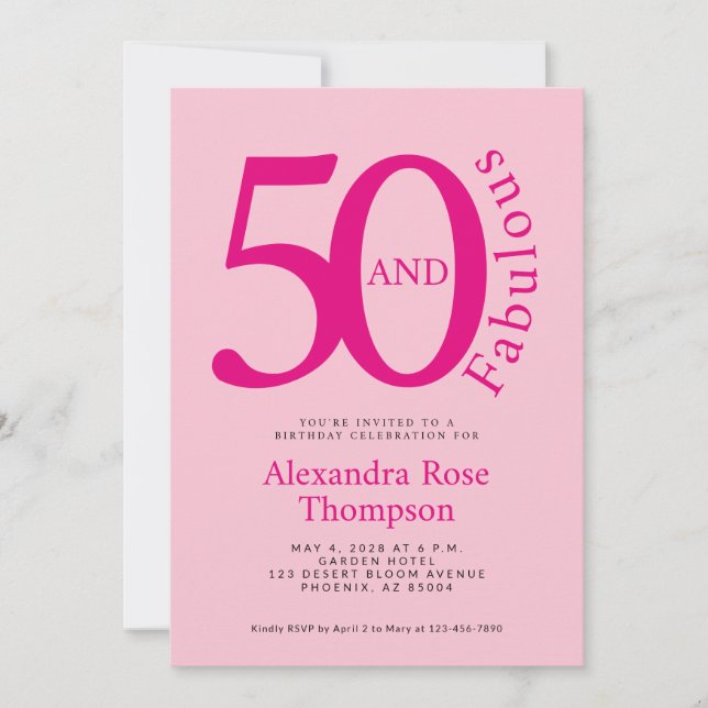 Invitation 50 ans et Fabuleux Rose Blush Fête d'anniversaire  (Devant)