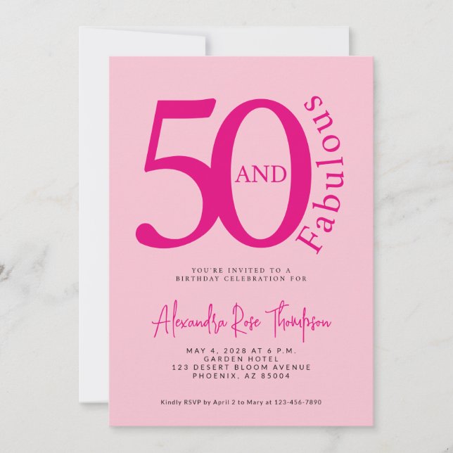 Invitation 50 ans et Fabuleux Rose Blush Script 50e Anniversa (Devant)