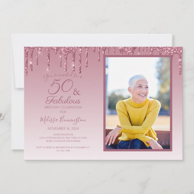 Invitation 50 ans et Fabuleux Rose Gold Rose Paillettes Photo (Devant)