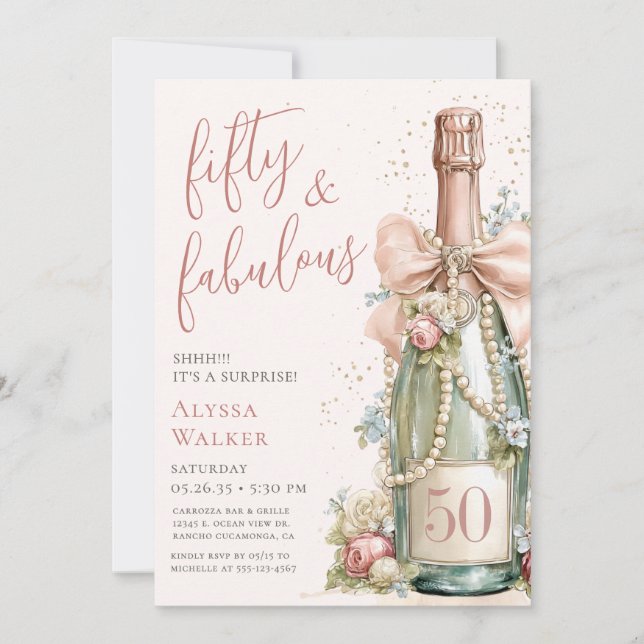 Invitation 50 ans et Fabuleux Rose Gold Script Fête Surprise (Devant)