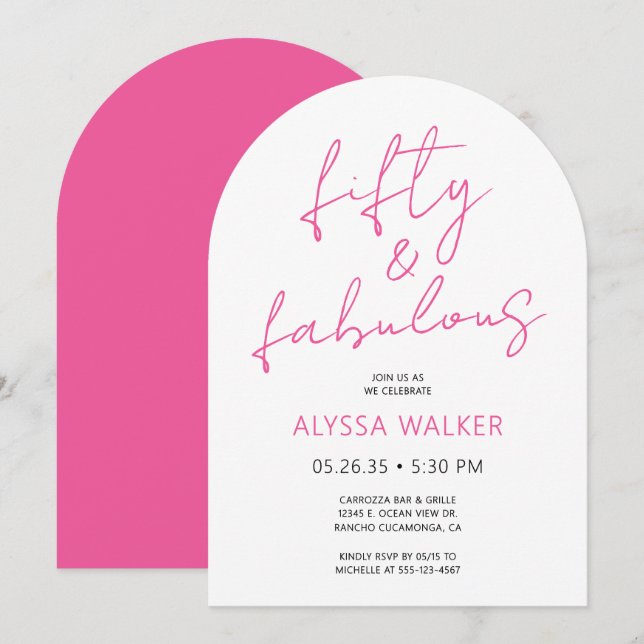 Invitation 50 ans et Fabuleux Rose Moderne Écriture 50e Anniv (Devant / Derrière)
