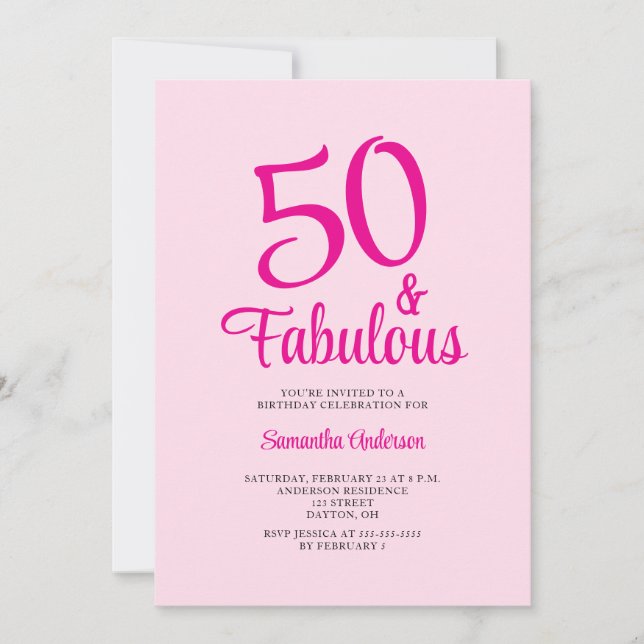 Invitation 50 ans et Fabuleux Rose Pâle Fête d'anniversaire 5 (Devant)