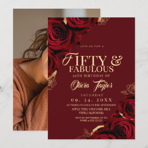 Invitation 50 ans et fabuleux Roses rouges noires et or pour