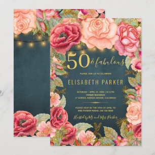 Invitation 50 ans et merveilleux, élégante fête florale de 50
