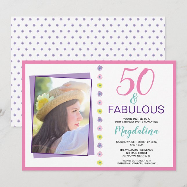 Invitation 50 ans et une fête d'anniversaire fabuleuse (Devant / Derrière)