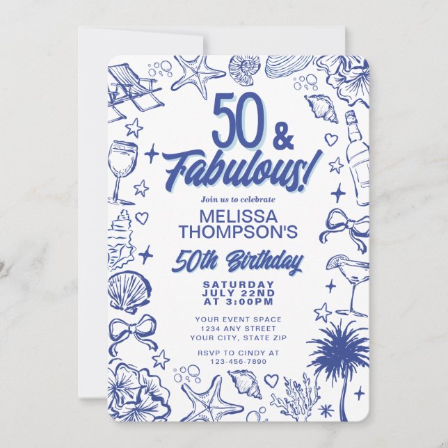 Invitation 50 ans & Fabuleux Anniversaire Dessiné à la Main a (Devant)