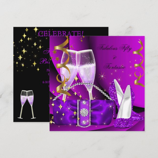Invitation 50 ans fabuleux fantastiques talons hauts violets  (Devant / Derrière)