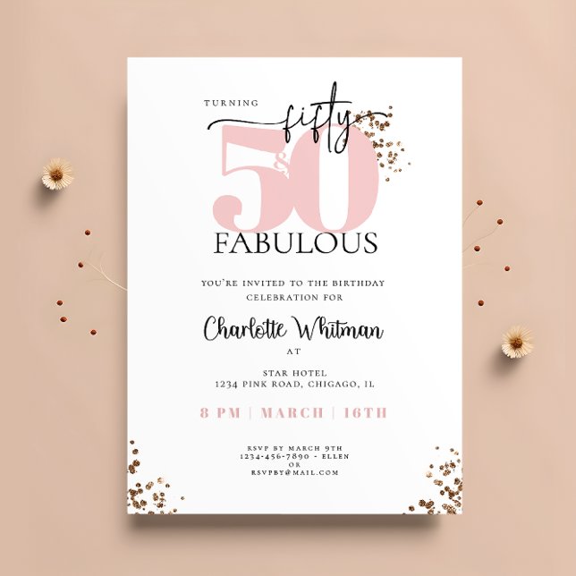 Invitation "50 ans & Fabuleux" Minimal Rose et Noir Pailleté (Créateur téléchargé)
