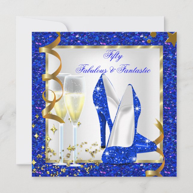 Invitation 50 ans Fantastique Anniversaire Bleu Blanc Or Fabu (Devant)