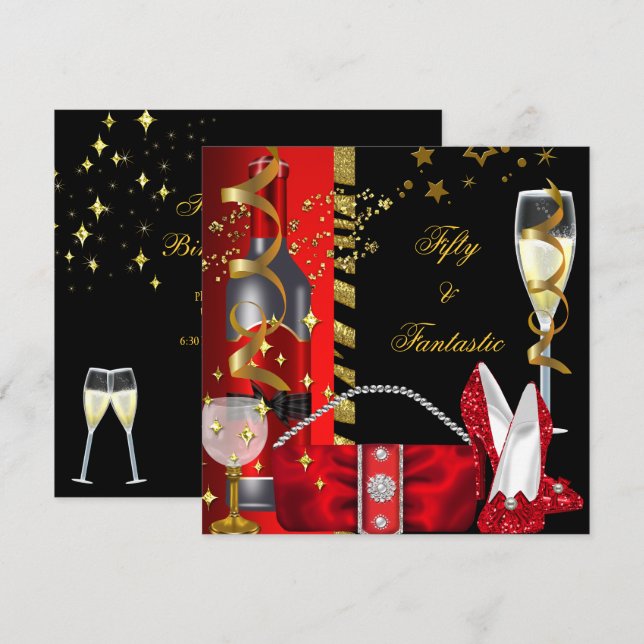 Invitation 50 ans & Fantastique Fête d'anniversaire Rouge Noi (Devant / Derrière)