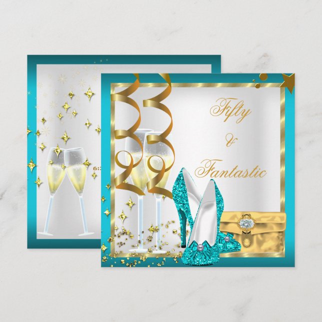 Invitation 50 ans & Fantastique Fête d'anniversaire Teal Blan (Devant / Derrière)