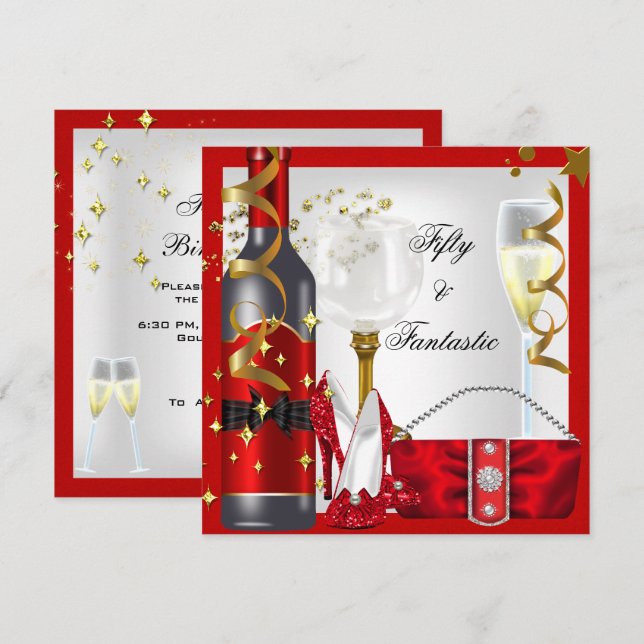 Invitation 50 ans & Fantastique Rouge Blanc Or Fête d'anniver (Devant / Derrière)