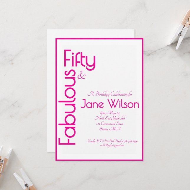 Invitation 50 ans Féminins et Fabuleux Anniversaire Rose (Devant/Arrière en situation)