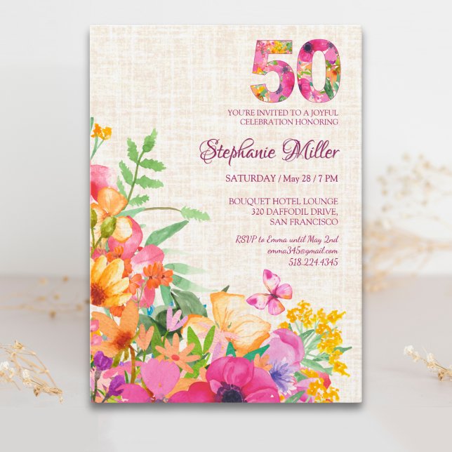 Invitation 50 Ans Fleurs Floral Lin 50ème Anniversaire (Créateur téléchargé)