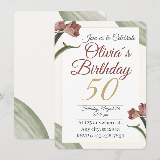 Invitation 50 ans Florale Élégante – Fleur dorée e (Devant / Derrière)