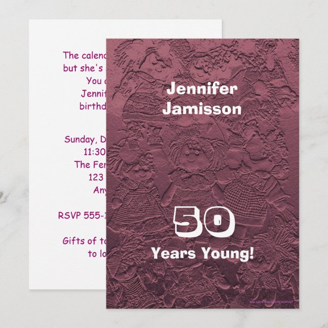 Invitation 50 ans jeune fête d'anniversaire Pink Rag Doll (Devant / Derrière)