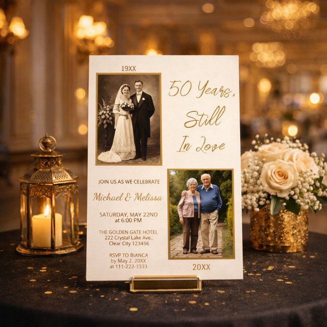 Invitation 50 Ans Toujours Amoureux Or (Golden anniversary invitation with then and now photos in elegant ivory and gold)